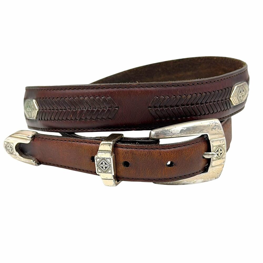 VTG Onyx by Brighton Brown Leather Dress Belt Silver Hardware Men Size 36 Y2K